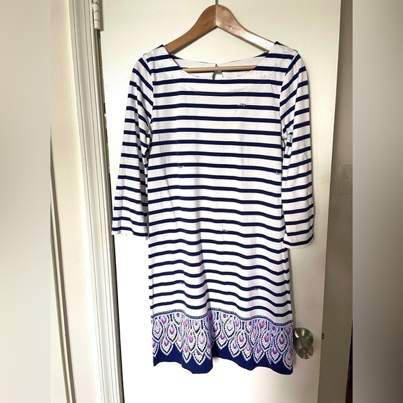 Lilly Pulitzer Beacon Mini Dress Serene Stripe Boatneck 3/4 Sleeve Pima Cotton M - Picture 2 of 9